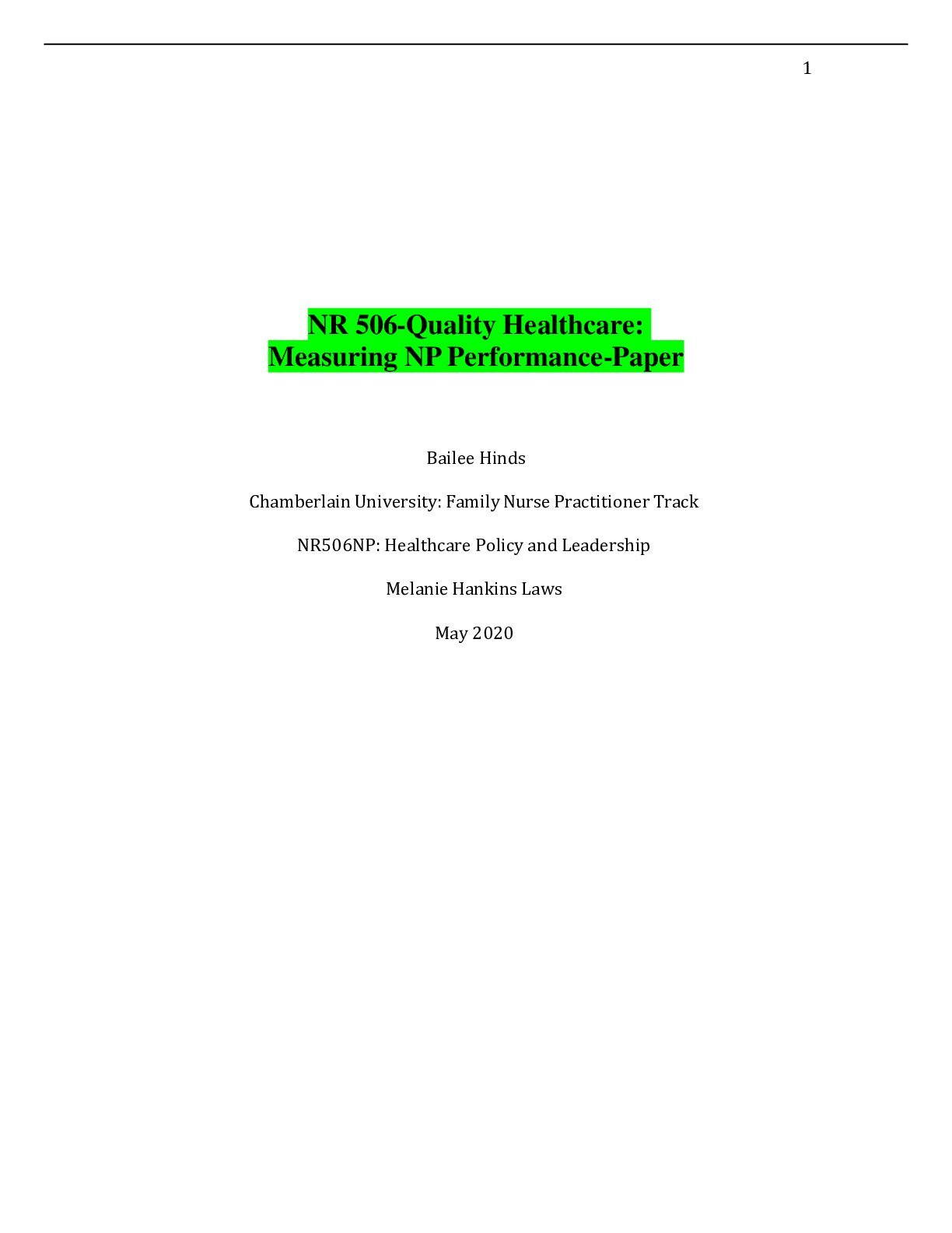 Preview of NR 506-Quality Healthcare: Measuring NP Performance-Paper